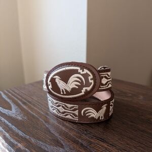 Ivory Embroidered Rooster Brown Leather Mexican Kids Youth Belt